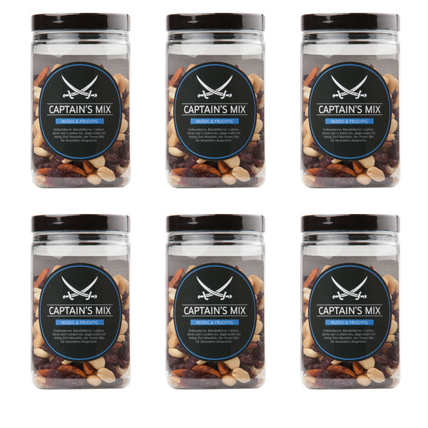 6 x Sansibar Nüsse 'Captains Mix' 200g, eine köstliche Mischung aus gerösteten Erdnüssen, gezuckerten Cranberries, Cashewkernen, Mandeln und mit Honig, Salz und Zimt verfeinerten Mandelstücken, ideal für einen gesunden Snack.