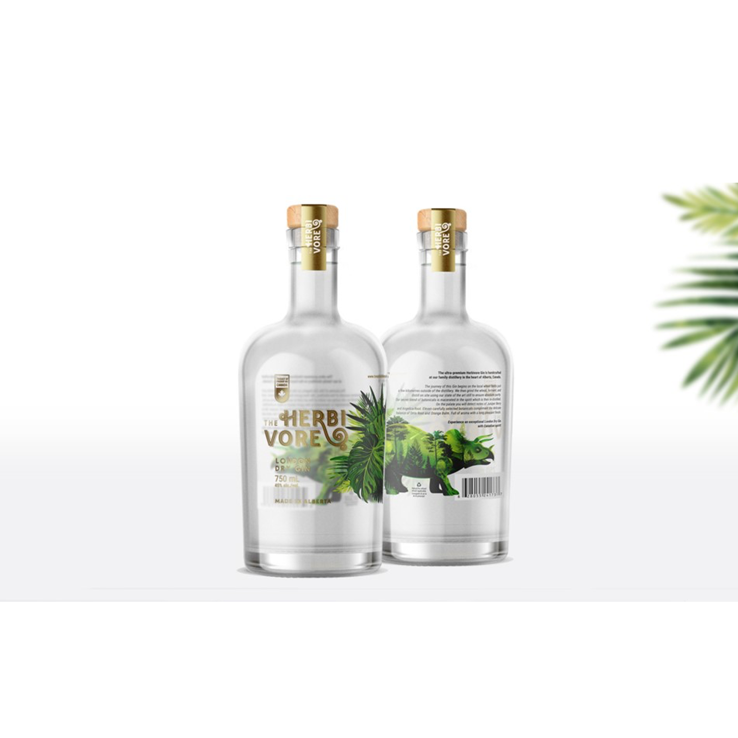 Herbivore Gin umgeben von frischen Kräutern und Botanicals – Symbol für Natürlichkeit und Handwerkskunst aus Kanada.