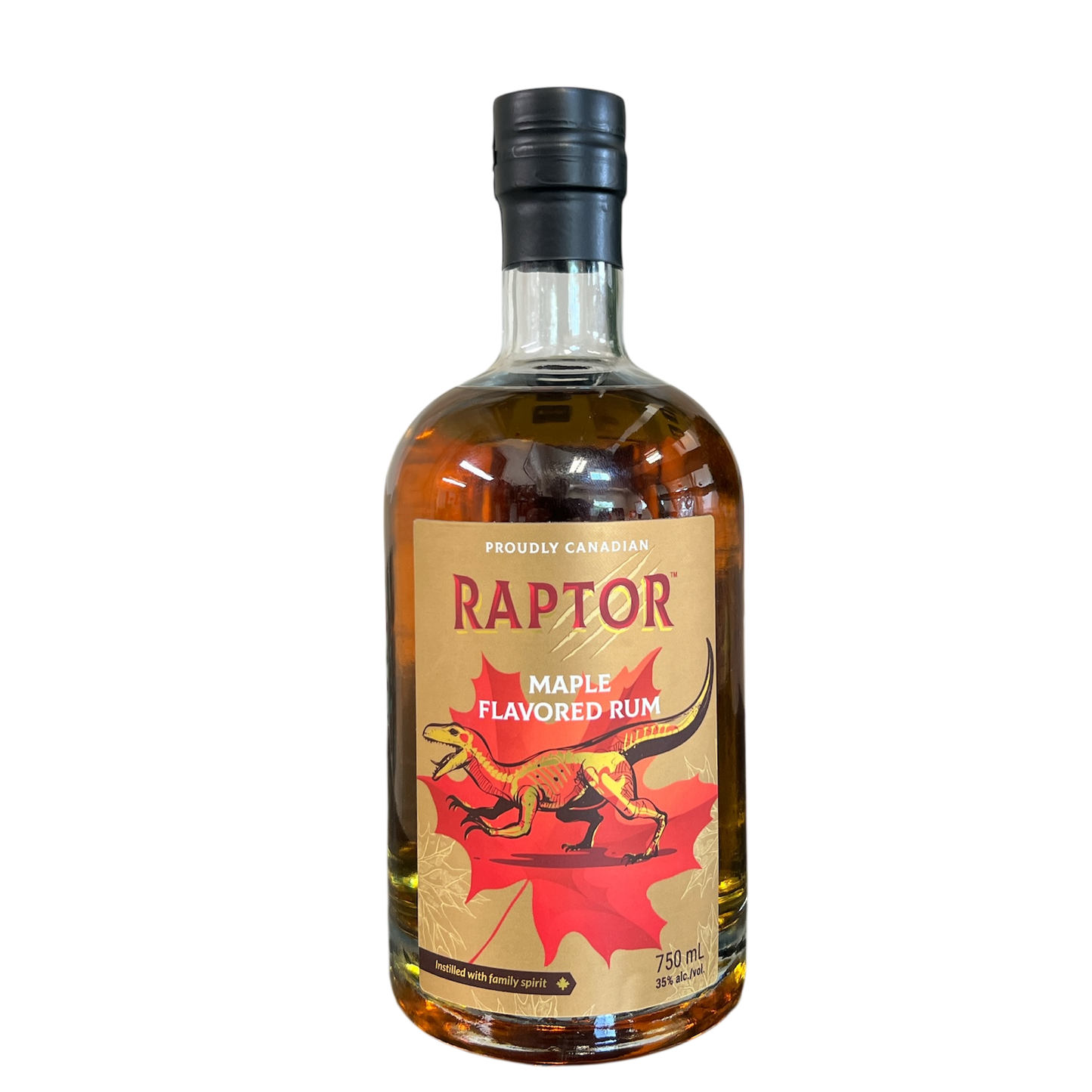 Flasche Raptor Maple Cask Rum vor warmem Hintergrund – gereift in Ahornsirup- und Eichenfässern, kanadischer Rum mit natürlicher Süße und goldener Farbe.