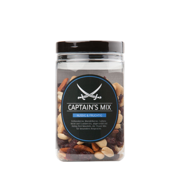 Sansibar Nüsse 'Captains Mix' 200g, eine köstliche Mischung aus gerösteten Erdnüssen, gezuckerten Cranberries, Cashewkernen, Mandeln und mit Honig, Salz und Zimt verfeinerten Mandelstücken, ideal für einen gesunden Snack.