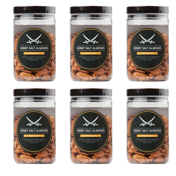 6 x Sansibar Honey Salt Almonds 175g, geröstete Mandeln mit einer köstlichen Mischung aus Honig und Salz, die für ihren einzigartigen, süß-salzigen Geschmack bekannt sind.
