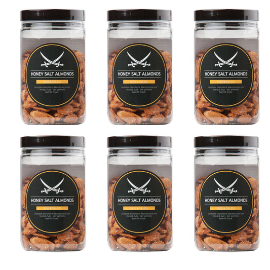 6 x Sansibar Honey Salt Almonds 175g, geröstete Mandeln mit einer köstlichen Mischung aus Honig und Salz, die für ihren einzigartigen, süß-salzigen Geschmack bekannt sind.