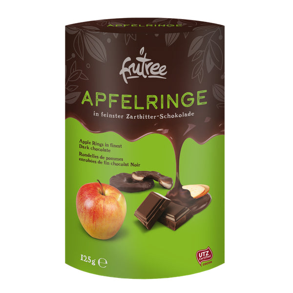 Frutree Apfelringe 125g – schonend getrocknete Apfelscheiben umhüllt mit edler Zartbitterschokolade, fruchtig und ohne künstliche Zusätze