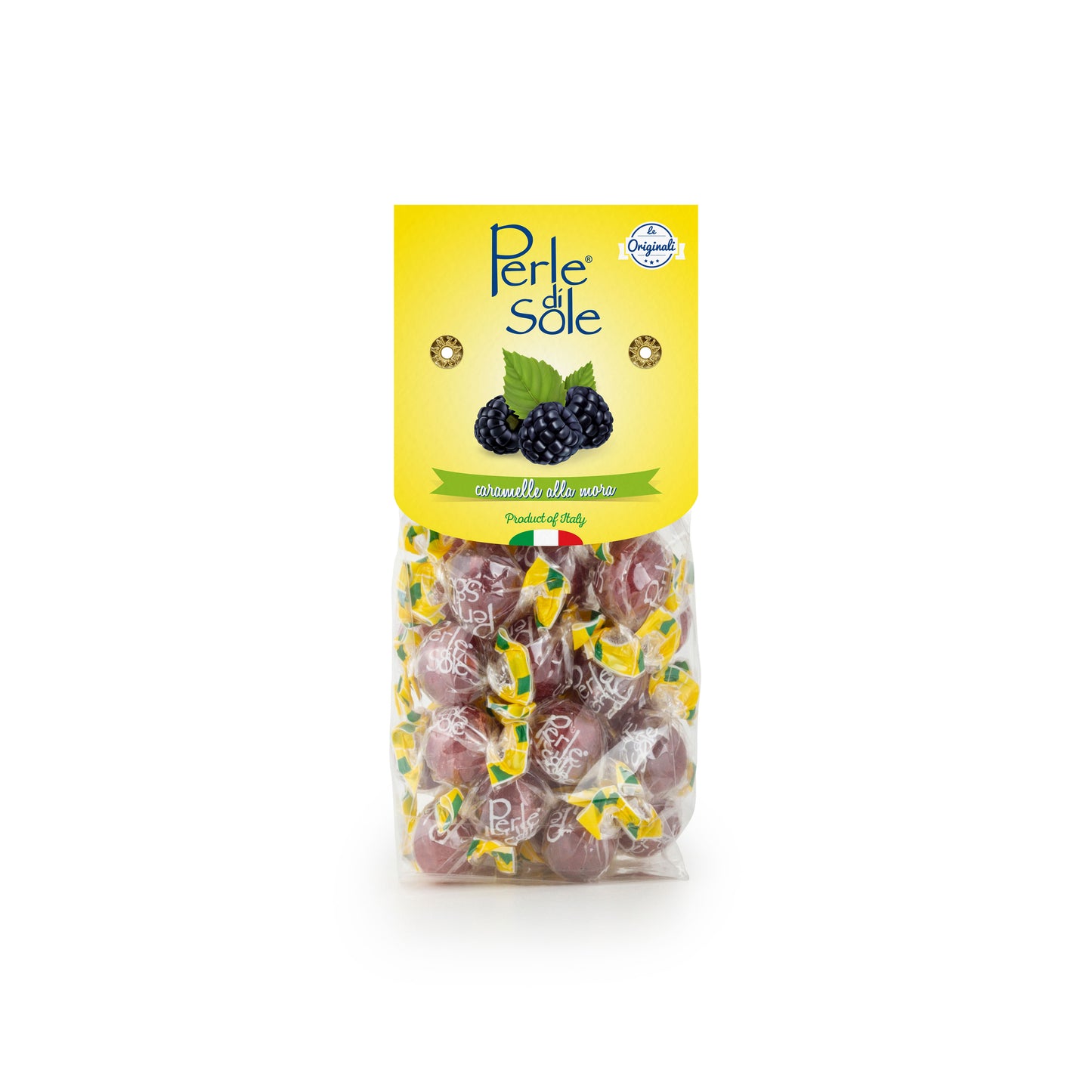 Perle di Sole Hartbonbons mit Brombeergeschmack, 200 g – inspiriert von den Brombeeren an der Amalfiküste, fruchtige italienische Bonbons in transparenter Verpackung mit lila Akzenten.