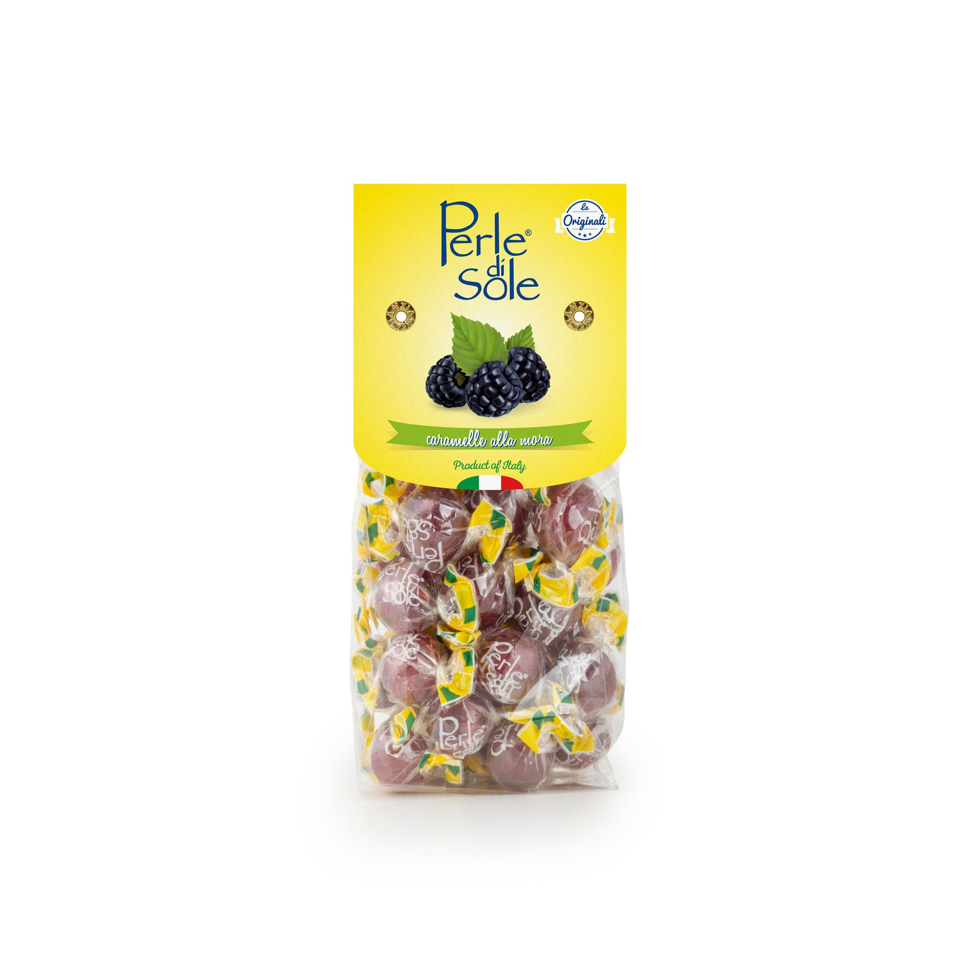 Perle di Sole Hartbonbons mit Brombeergeschmack, 200 g – inspiriert von den Brombeeren an der Amalfiküste, fruchtige italienische Bonbons in transparenter Verpackung mit lila Akzenten.