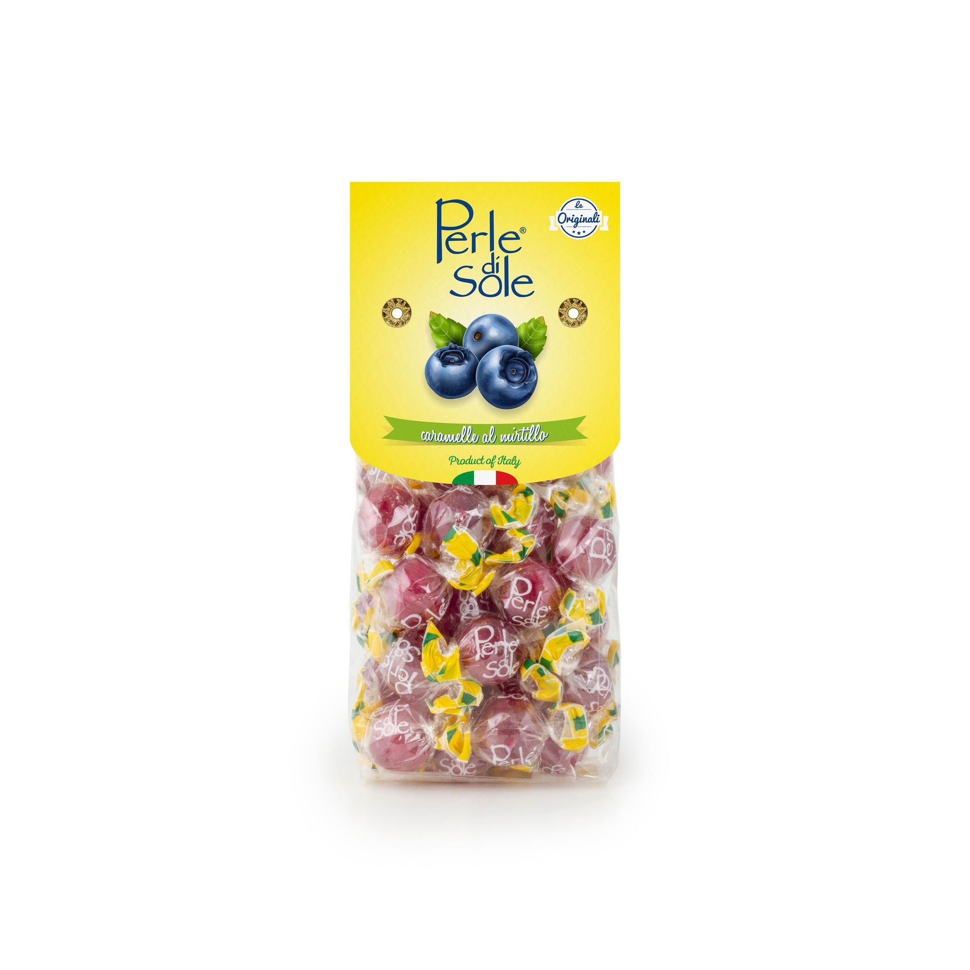 Perle di Sole Hartbonbons mit Heidelbeergeschmack, 200 g – italienische Süßigkeiten in transparenter Verpackung mit blauen und violetten Akzenten.