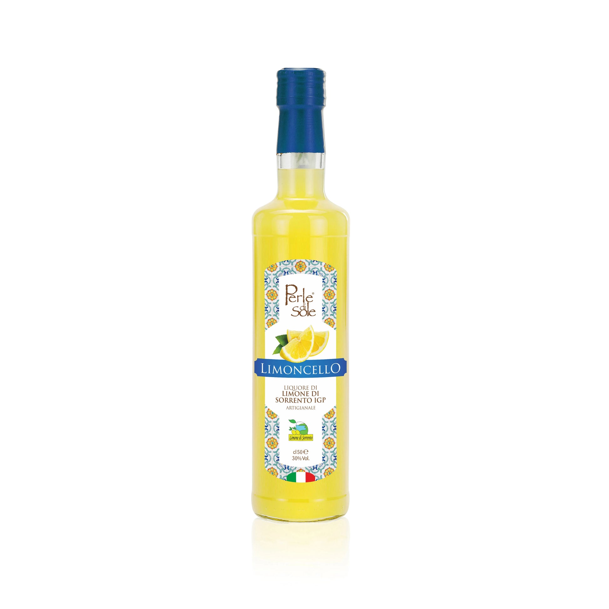 Perle di Sole Limoncello, 0,5 L – 100% natürlicher Zitronenlikör aus Sorrento-PGI-Zitronen, mit 30% Alkohol, in einer eleganten Flasche.