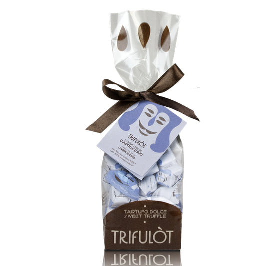 Trifulòt TartufLanghe Dolci Cappuccino Trüffelpralinen 180g, eine zarte Milchschokoladen-Praline mit Kakao-Grué und mikronisiertem, geröstetem Kaffee, die den Gaumen mit einer 100% Arabica-Mischung verwöhnt.