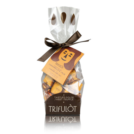 Trifulòt TartufLanghe Tartufi Dolci d'Alba Salz und Karamell Trüffelpralinen 180g im neuen Design. Eine köstliche Kombination aus Milchschokolade, knusprigem Karamell aus Isigny-Butter und Sahne, verfeinert mit einer salzigen Note aus Guérande-Salz