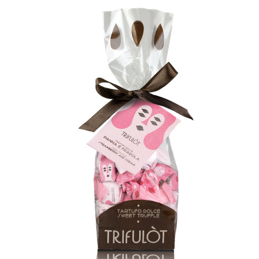 Trifulòt TartufLanghe Dolci Erdbeere und Sahne Trüffelpralinen 180g, eine verführerische Kombination aus cremiger Sahne und fruchtigen Erdbeeren, verpackt in edelster Trüffelschokolade